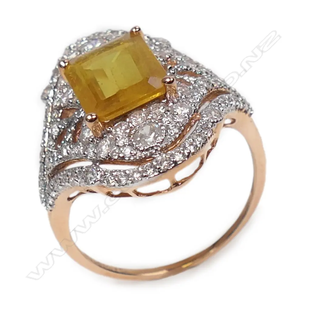 A 14ct rose gold yellow sapphire and diamond Art Deco style ring, Image 1++