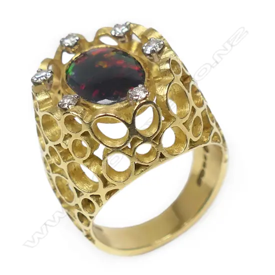 A retro 18ct gold diamond and black opal ring,