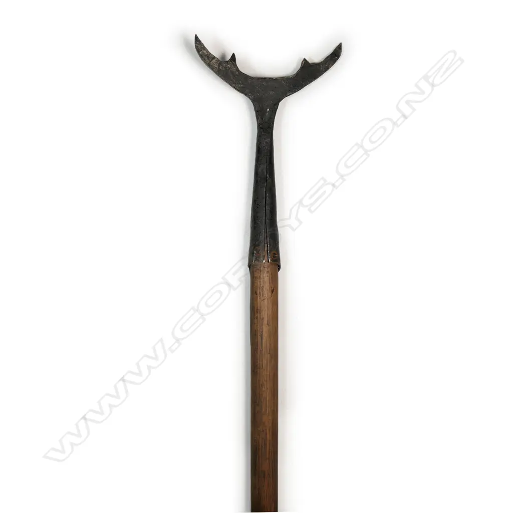 An old iron headed long wooden handled whale flensing tool, Image 1++