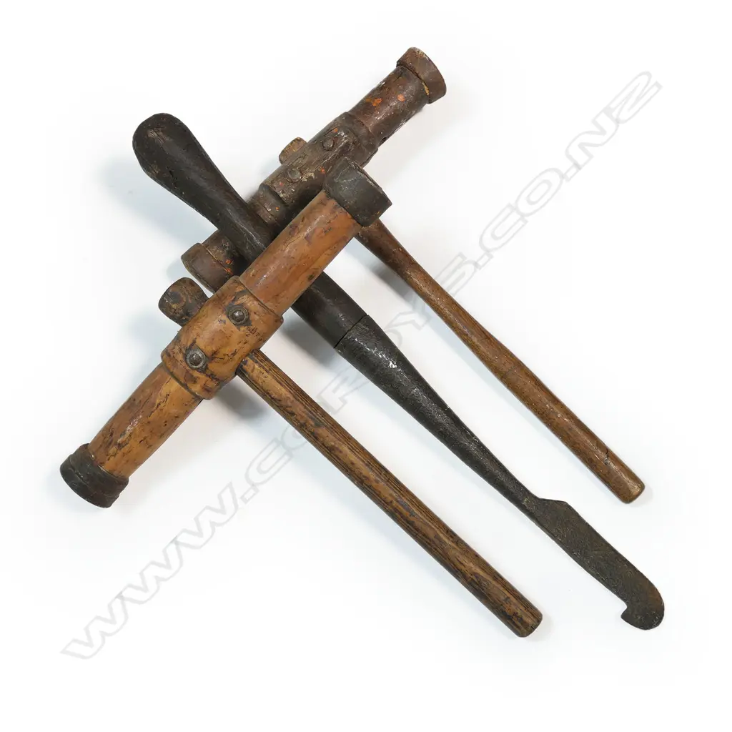 Two antique shipwright caulking hammer / mallets and other tool, Image 1++