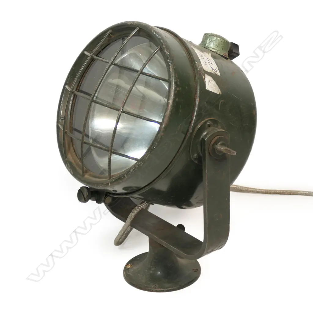 A vintage green enamel painted metal search light, Image 1++