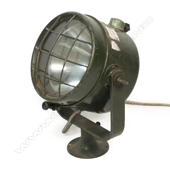 A vintage green enamel painted metal search light,