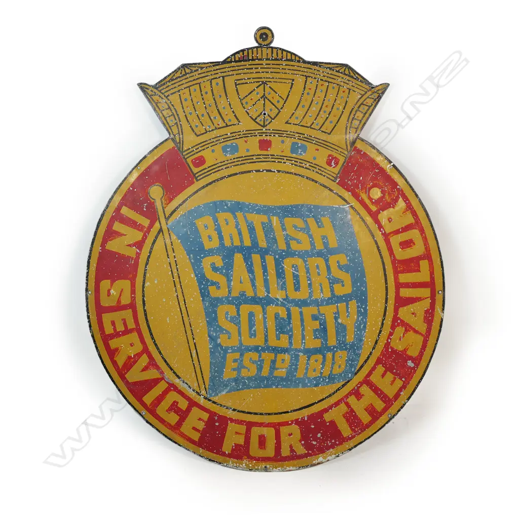 A vintage painted tin advertising sign 'British Sailor's Society Estd. 1818', Image 1++