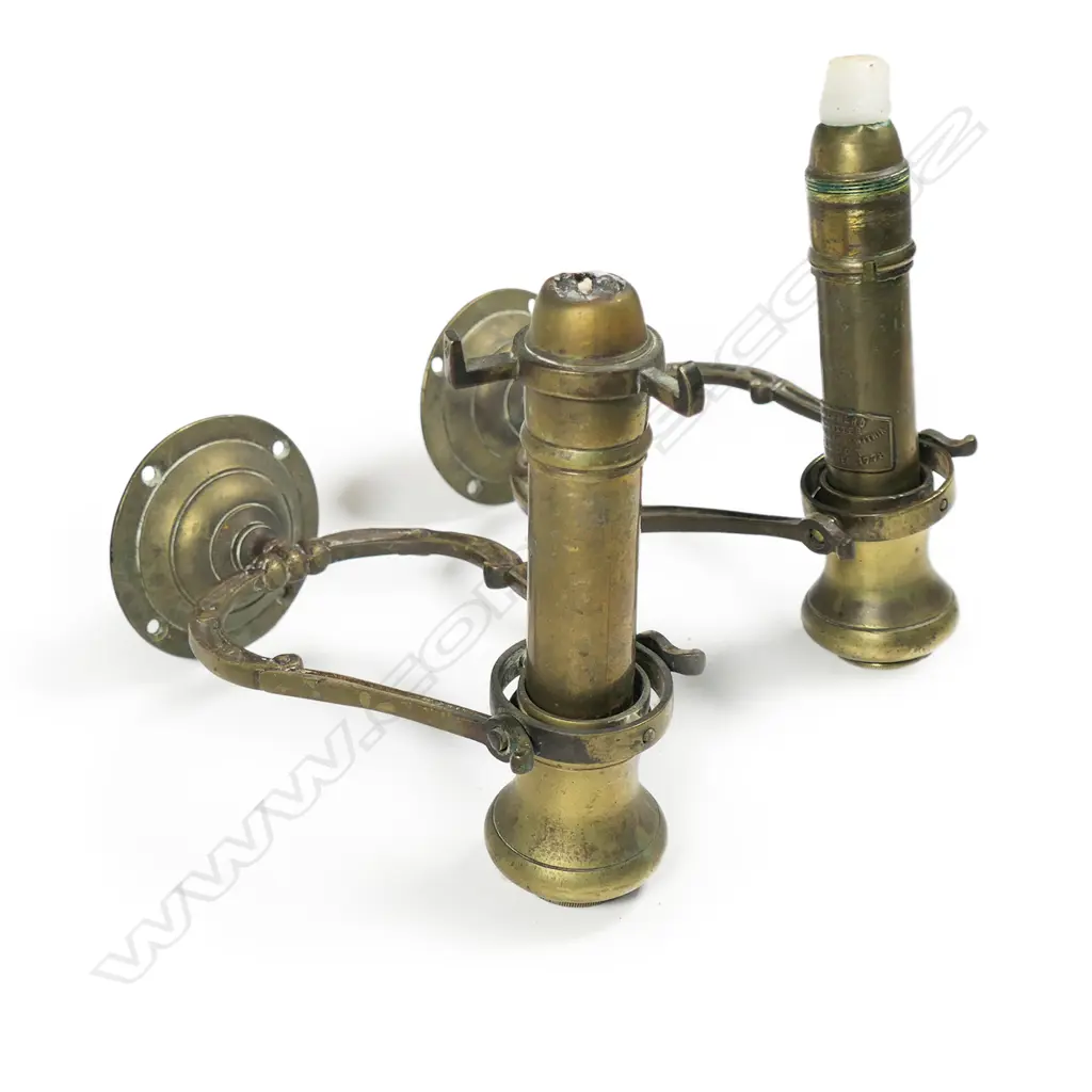 A pair of c.1900 brass ship's gimbal wall mounting candlesticks, Image 1++