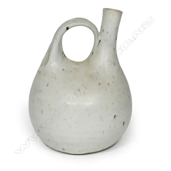 Len Castle pottery ceremonial pourer with strap handle and matt wood ash glaze