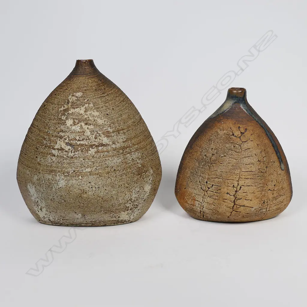 Two Doris Dutch tapered form specimen vases umber finished restrained glaze. Impressed potter's mark. H.125 & 100mm. Image 1++