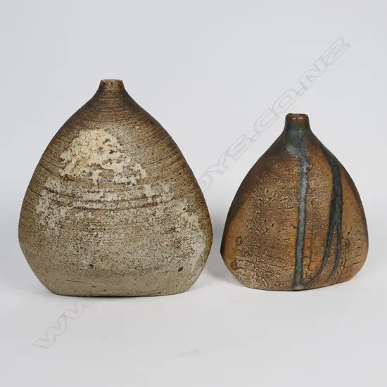 Two Doris Dutch tapered form specimen vases umber finished restrained glaze. Impressed potter's mark. H.125 & 100mm.