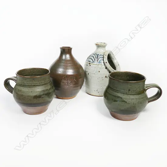 4 pottery pcs: 2 Stichbury mugs + Adrian Cotter small bottle + Warwick Lidgard salt pig.