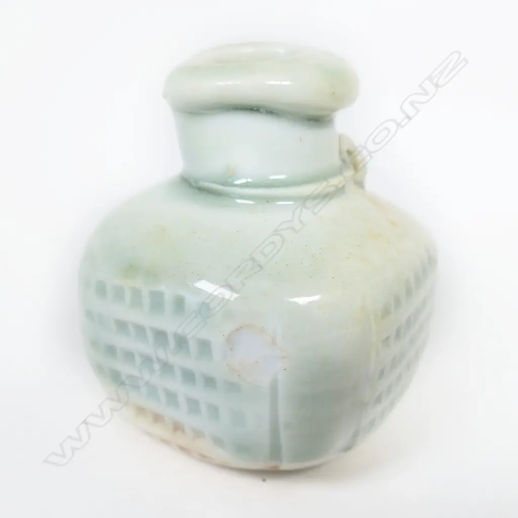Chester Nealie small squared porcelain poison bottle celadon glaze, loss to one edge, H.75mm. Image 1++