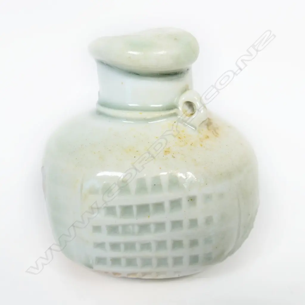 Chester Nealie small squared porcelain poison bottle celadon glaze, loss to one edge, H.75mm. Image 1++
