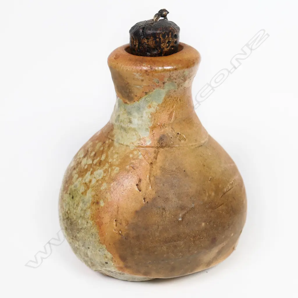 Chester Nealie anagama bottle shell leaf & other glaze effects original tethered cork stopper.   Image 1++