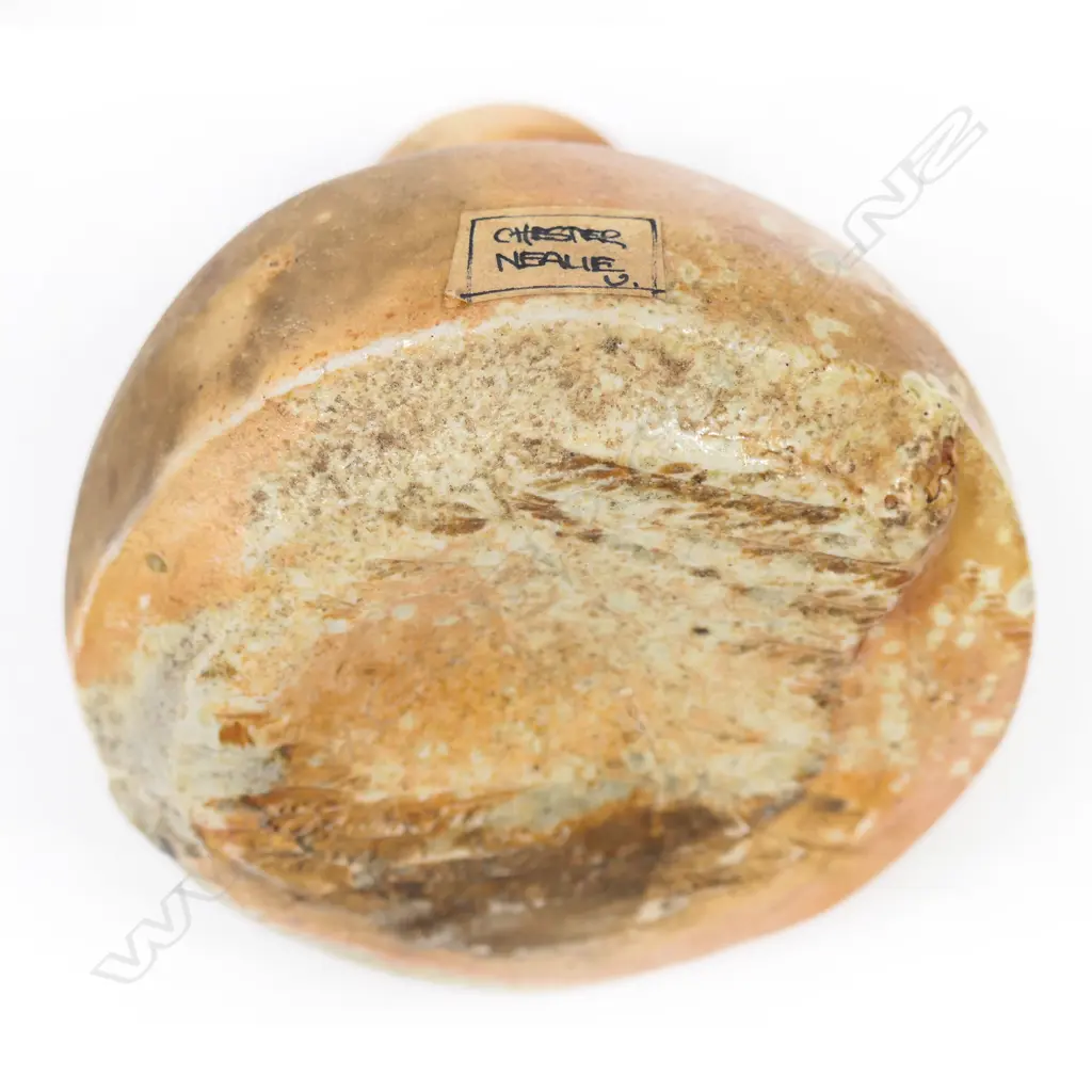 Chester Nealie anagama bottle shell leaf & other glaze effects original tethered cork stopper.   Image 1++