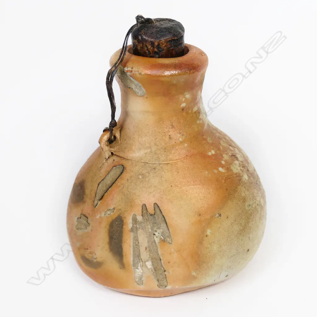 Chester Nealie anagama bottle shell leaf & other glaze effects original tethered cork stopper.   Image 1++