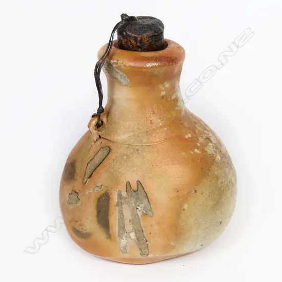 Chester Nealie anagama bottle shell leaf & other glaze effects original tethered cork stopper.  