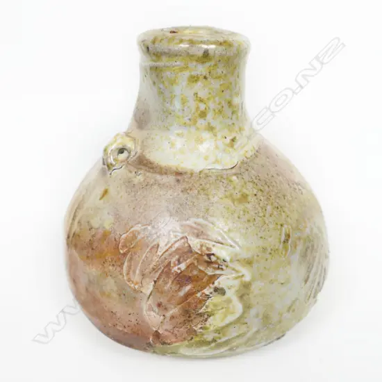 Chester Nealie anagama glaze squat bottle variable glaze and shell effects. H.95mm. Impressed potter's mark. Labelled