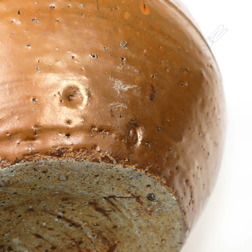 Warren Tippett large floor vase, tenmoku glaze w band of impressed design around middle, made in coromandel, stamped. H. Image 1++