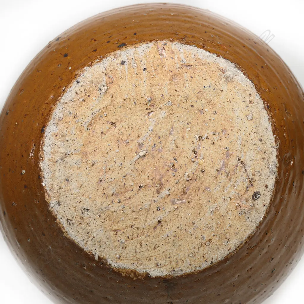 Warren Tippett large floor vase, tenmoku glaze w band of impressed design around middle, made in coromandel, stamped. H. Image 1++