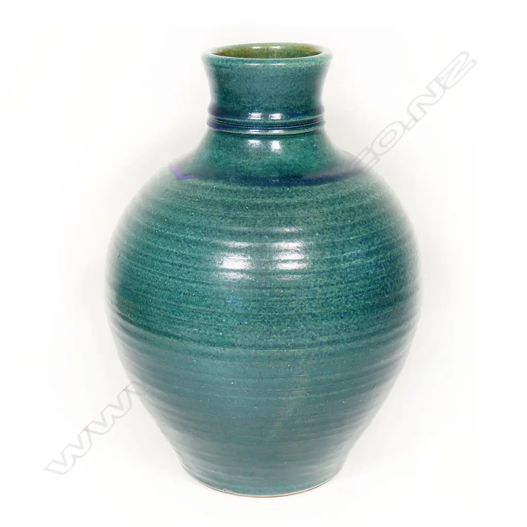 Graeme Storm spherical stoneware vase. Blue green glaze. H.330mm. Image 1++