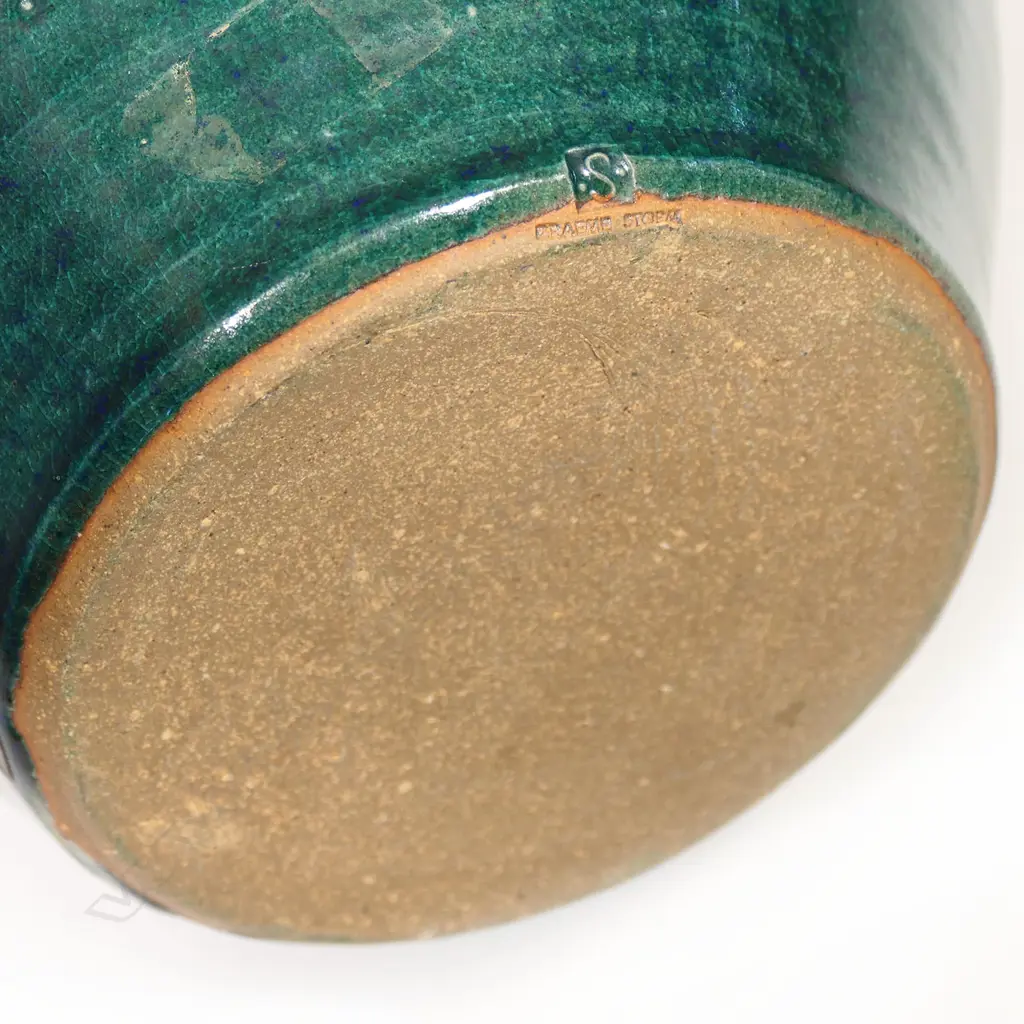 Graeme Storm spherical stoneware vase. Blue green glaze. H.330mm. Image 1++