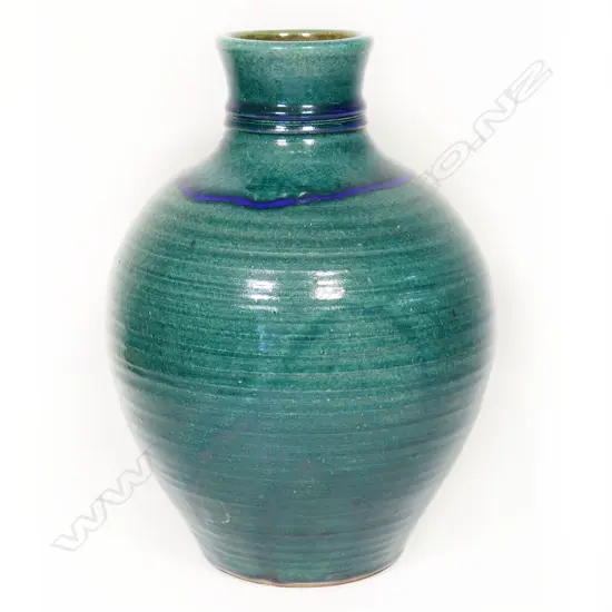 Graeme Storm spherical stoneware vase. Blue green glaze. H.330mm.