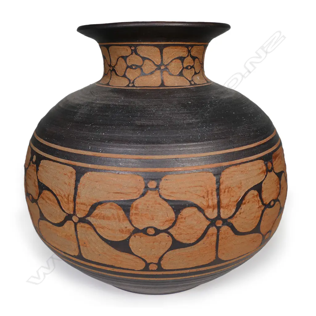 Graeme Storm large stoneware spherical vase. Matt brown with incised floral decoration. H.340mm. Image 1++