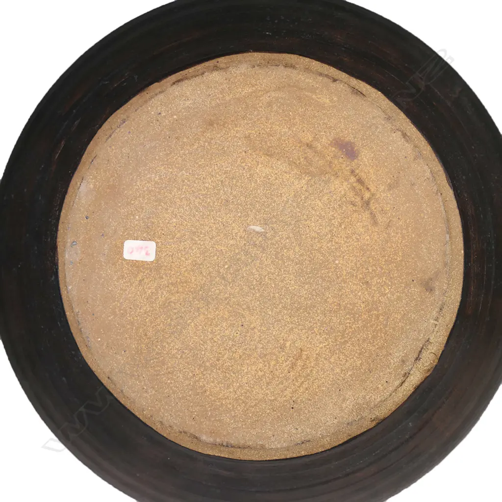 Graeme Storm large stoneware spherical vase. Matt brown with incised floral decoration. H.340mm. Image 1++