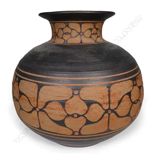 Graeme Storm large stoneware spherical vase. Matt brown with incised floral decoration. H.340mm.