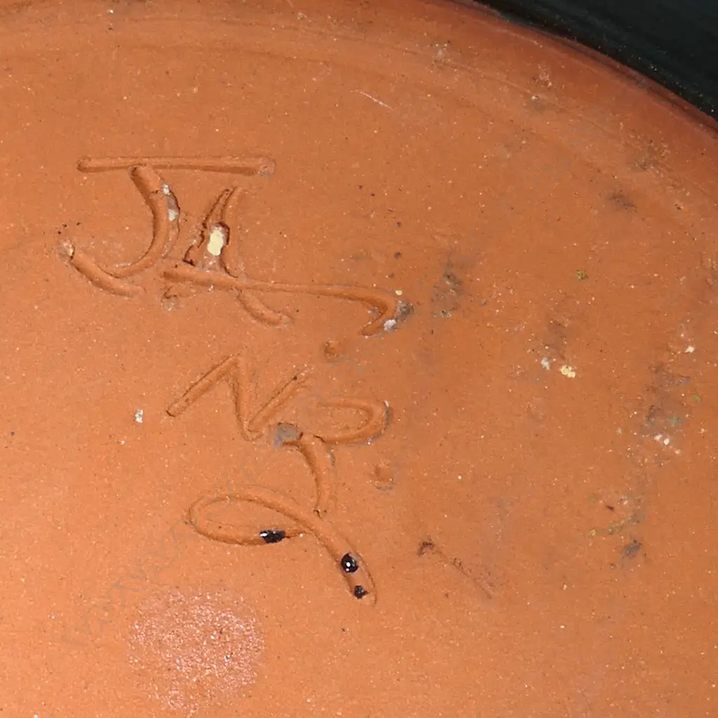 John Anderson lrg 1970s charger, ocre glaze w floral swirls, signed to base, Dia.340mm Image 1++