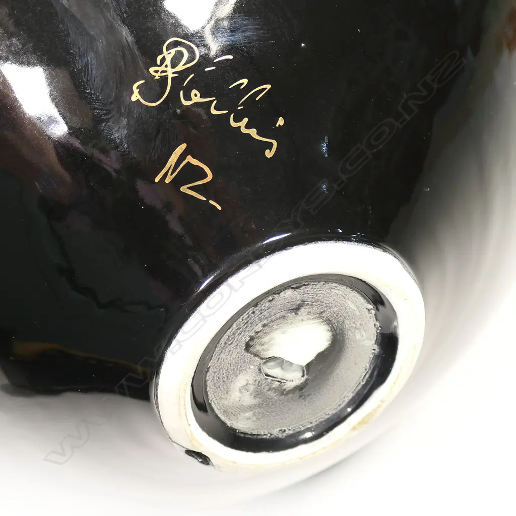 Peter Collis exceptionally large black spired spherical vase, applied gold leaf & red glaze, H.500mm. Image 1++