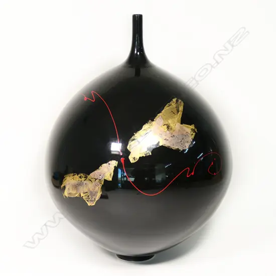 Peter Collis exceptionally large black spired spherical vase, applied gold leaf & red glaze, H.500mm.
