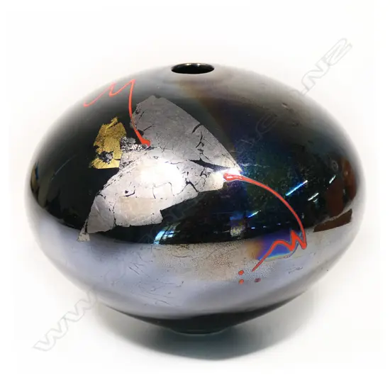 Peter Collis black gloss ovid vase w gold leaf detail & red flourish