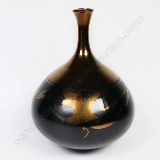Peter Collis dark gold lustre & brush decorated specimen vase H.155mm.