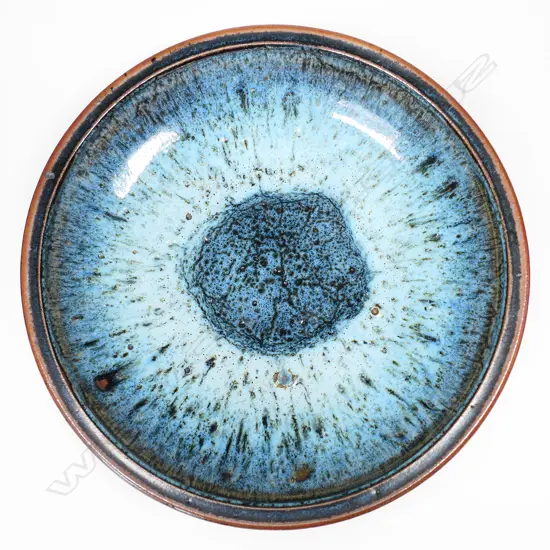 Ian Firth bowl w tenmoku glazed sides & blue chun glaze interior. Dia.350mm