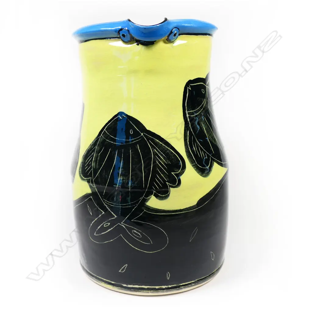 Andrew Van der Putten large colourful jug w hand painted fish. H.220mm Image 1++