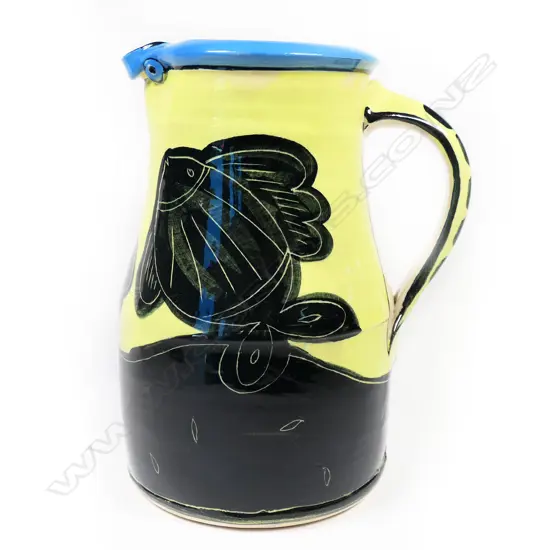 Andrew Van der Putten large colourful jug w hand painted fish. H.220mm