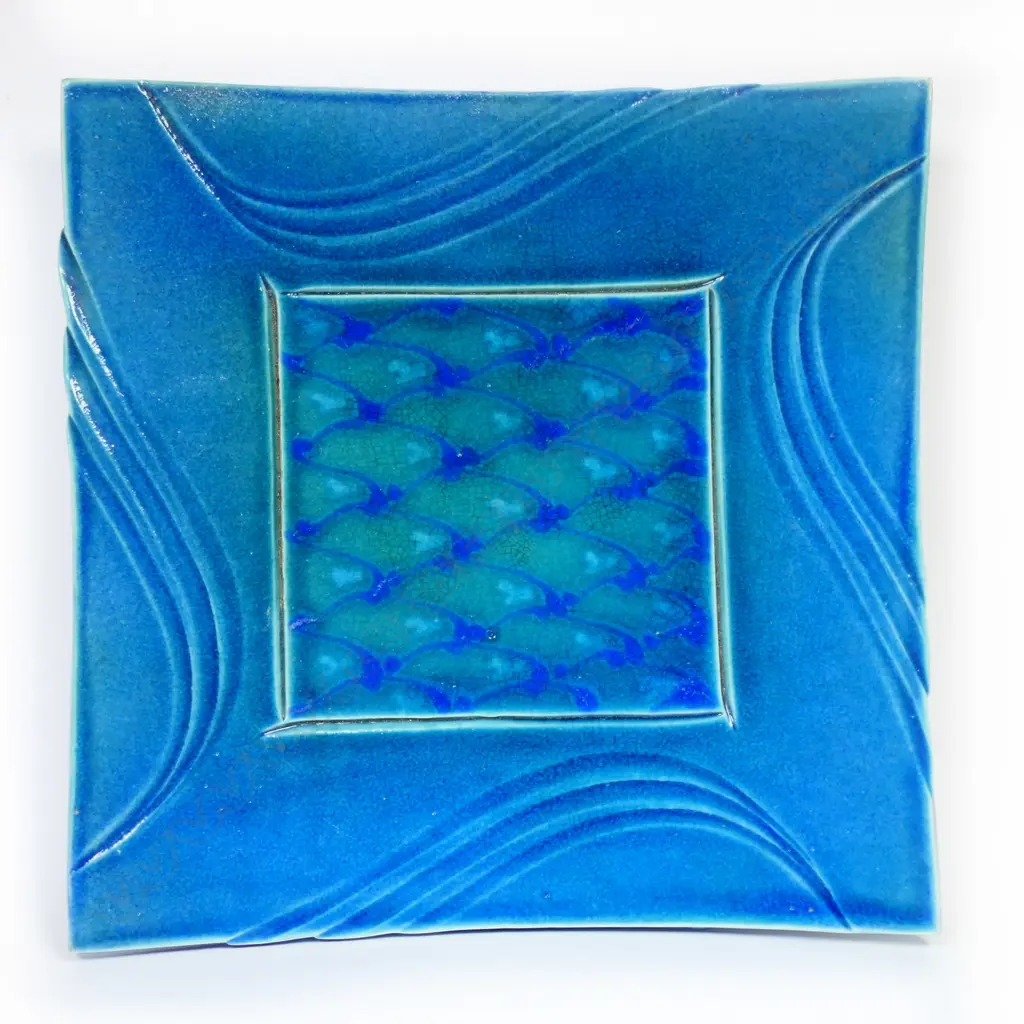 Merilyn Wiseman blue glazed footed square dish. 300mm sq. Image 1++