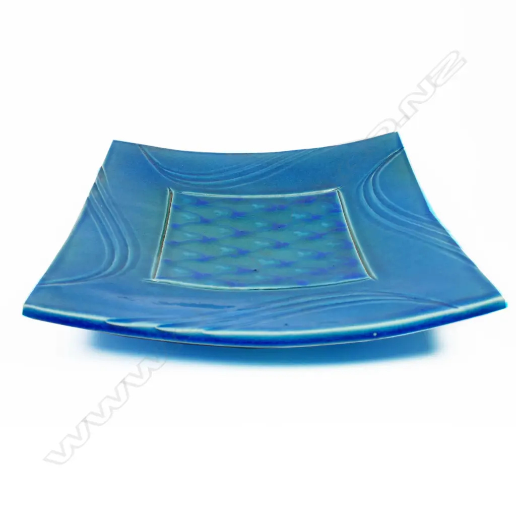 Merilyn Wiseman blue glazed footed square dish. 300mm sq. Image 1++