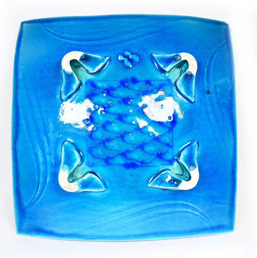 Merilyn Wiseman blue glazed footed square dish. 300mm sq. Image 1++