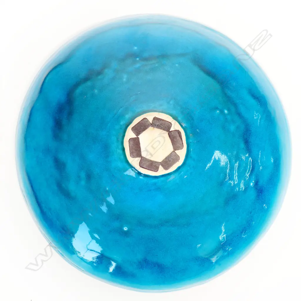 Merilyn Wiseman Large Blue Bowl With Wide Flanged Lip. The wide flange has a combed decoration under the glaze Image 1++