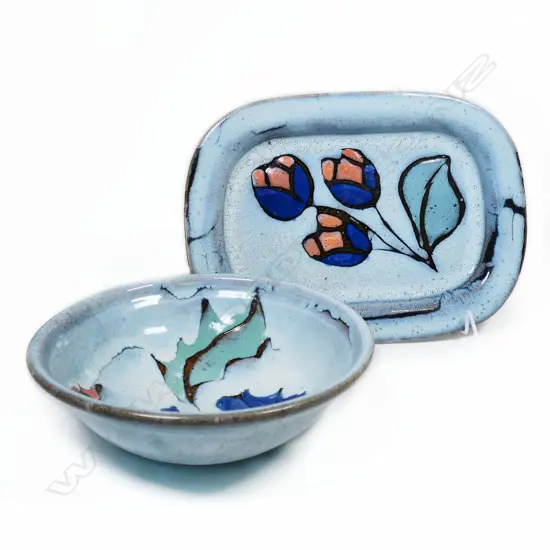 Two Ennis Oliver dishes, pale blue with floral motif, Dia. 240mm & 310 x 230mm
