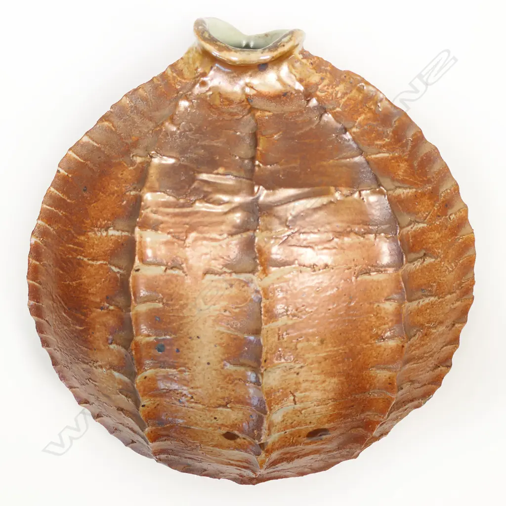 John Fuller huge flat vase w reptile like surface & glazed neck. Wall hanging lugs to back. Dia.380mm Image 1++