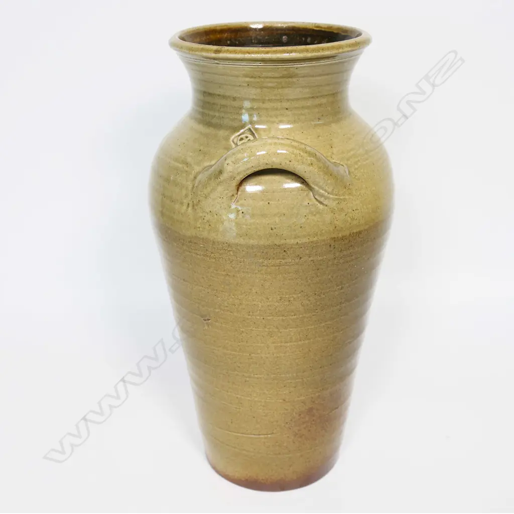 Steve Fullmer urn shaped vessel with handles. Green and brown tones. H.360mm. Image 1++