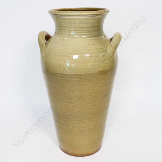 Steve Fullmer urn shaped vessel with handles. Green and brown tones. H.360mm.