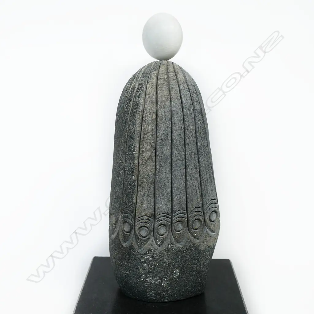 (F32) Ashley Grant pottery 'Ra-Horakhty.', H 270mm. Incised Greywacke on marble base. Image 1++