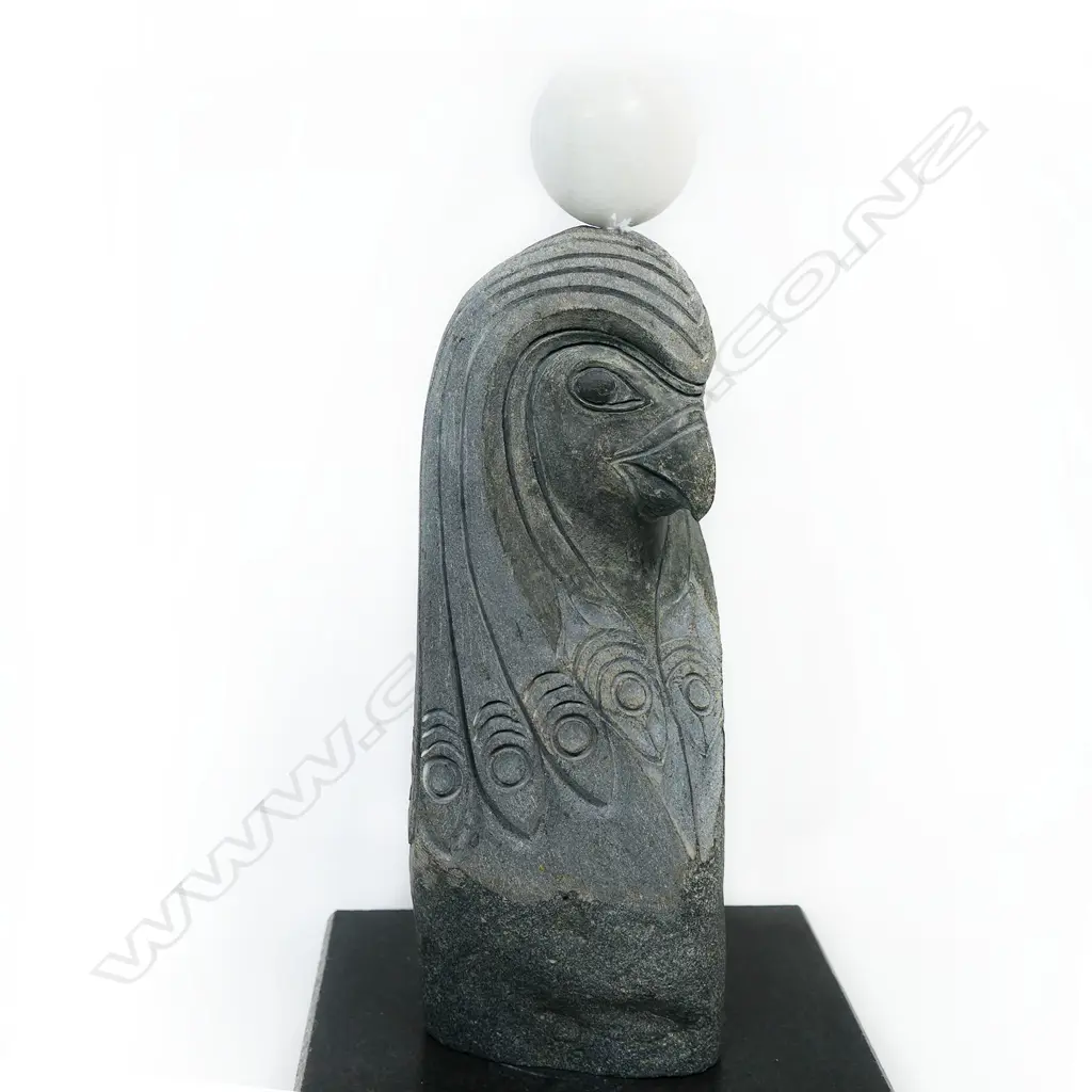 (F32) Ashley Grant pottery 'Ra-Horakhty.', H 270mm. Incised Greywacke on marble base. Image 1++