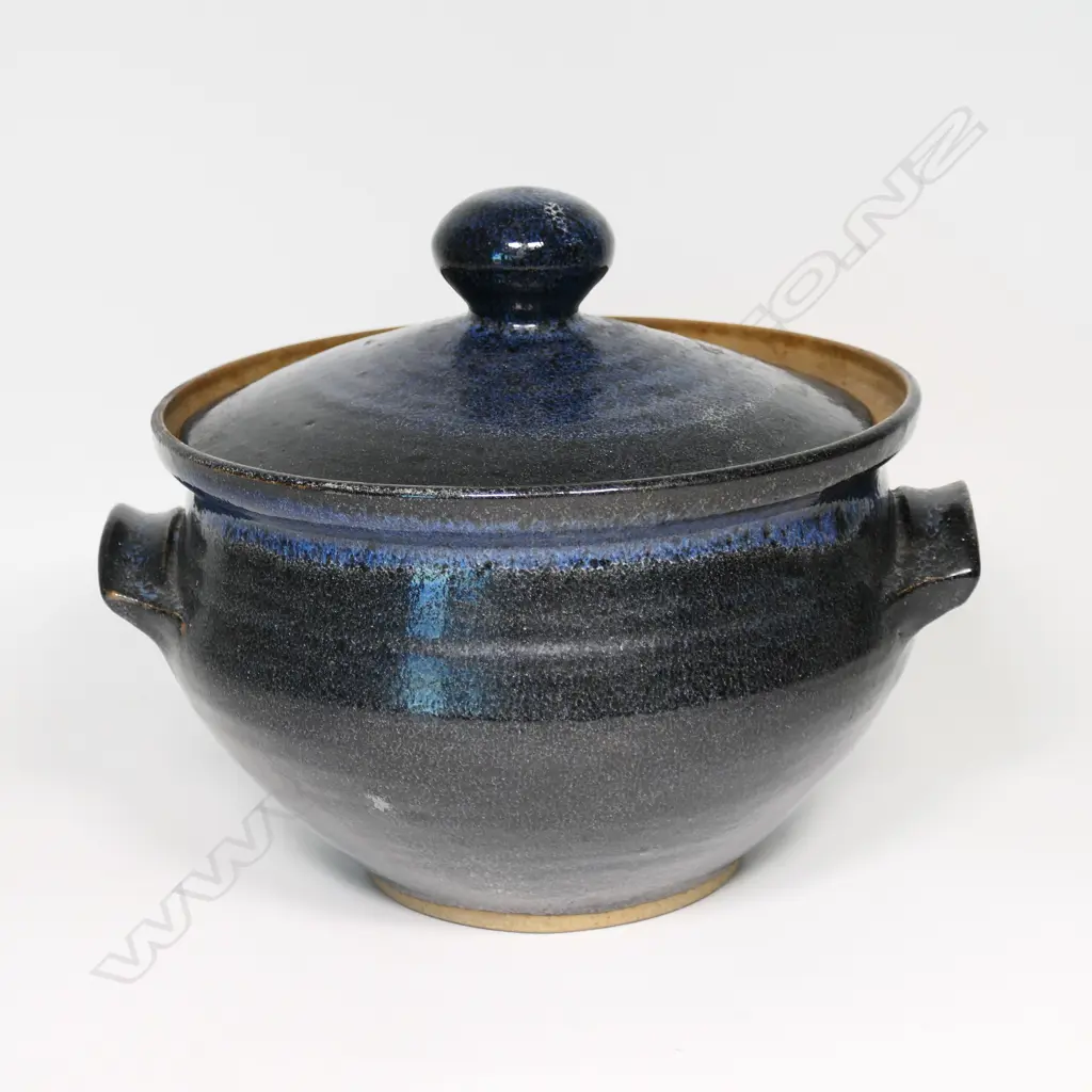 Jim Greig large lidded storage jar in blue and black tones. H.180mm Image 1++