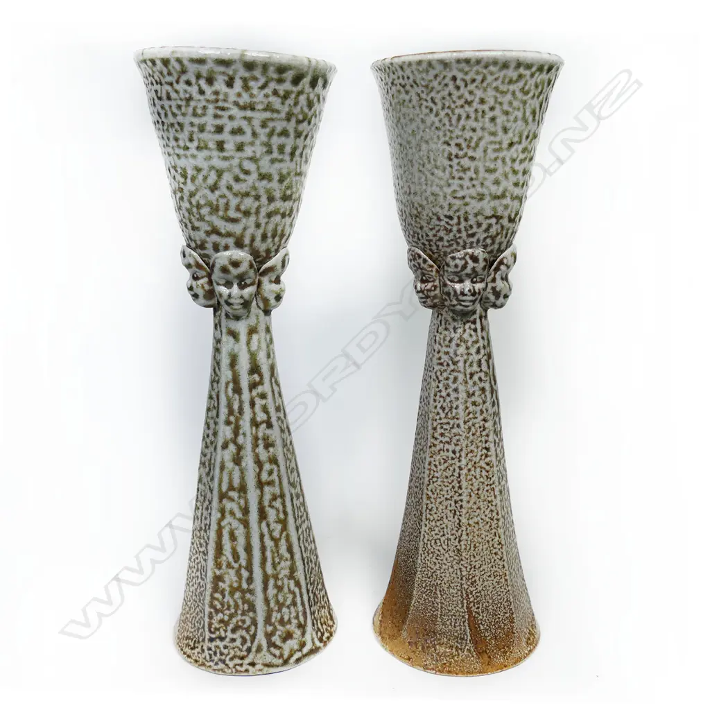(P66) 2 salt glazed Janet Smith goblets w face detail. H 260mm. Image 1++