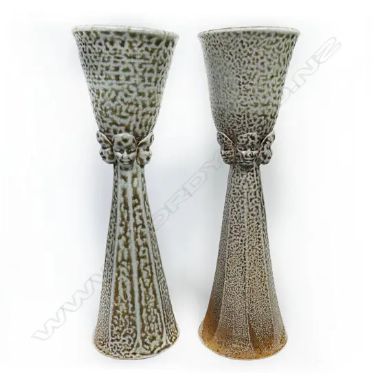 (P66) 2 salt glazed Janet Smith goblets w face detail. H 260mm.
