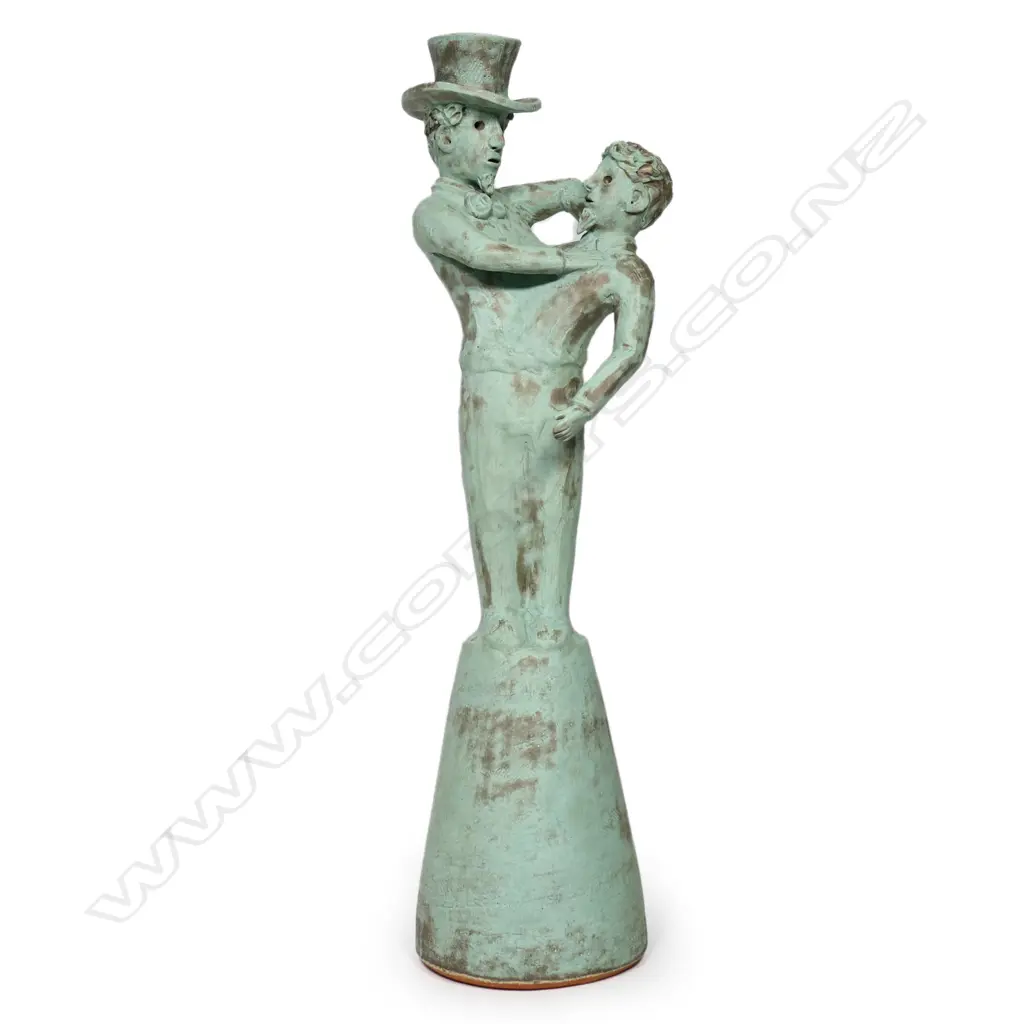 (F19) John Roy 'Conflict and Resolution'. H 580mm. Ceramic w pale matte glaze patinated bronze colour. Image 1++