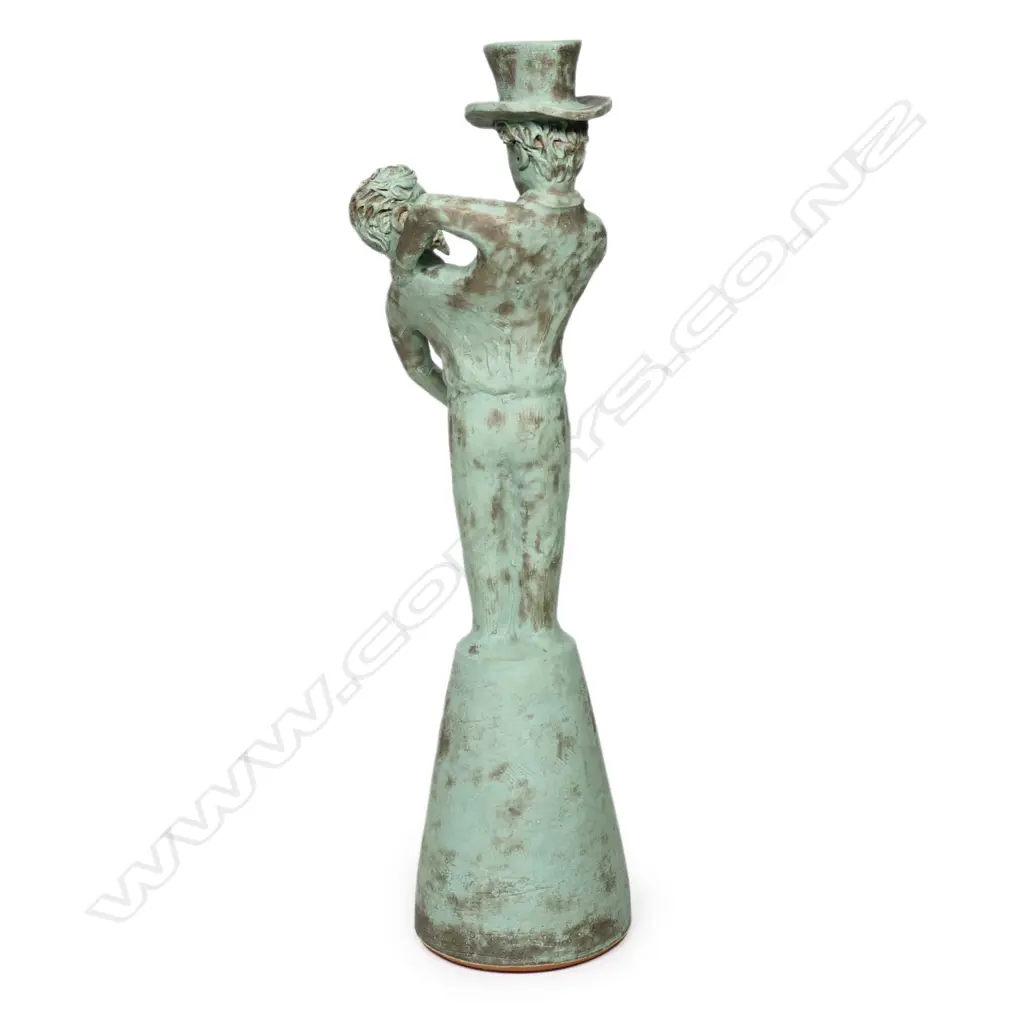 (F19) John Roy 'Conflict and Resolution'. H 580mm. Ceramic w pale matte glaze patinated bronze colour. Image 1++